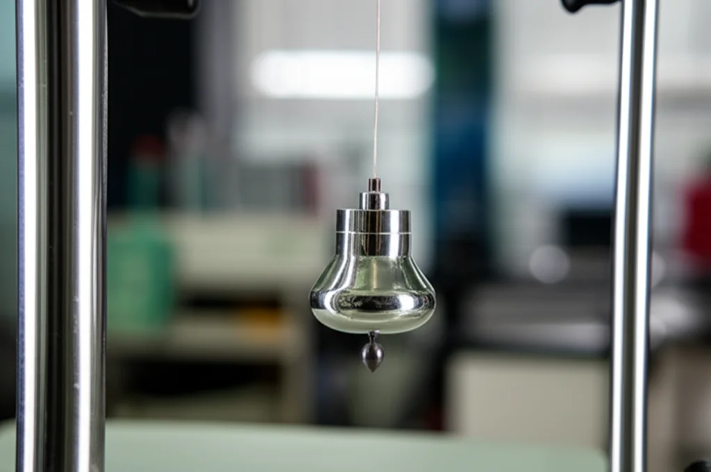 Un primo piano di un pendolo metallico lucido che oscilla dolcemente, con lo sfondo di un laboratorio moderno leggermente sfocato. Macro lens, 85mm, high detail sul pendolo, precise focusing, controlled lighting per far risaltare i riflessi metallici.