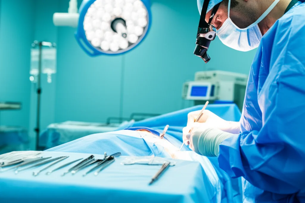 Una sala operatoria high-tech, un chirurgo ortopedico indossa occhialini magnificatori e opera un ginocchio con estrema precisione. Il campo operatorio è illuminato da una potente luce chirurgica. Dettagli di strumenti chirurgici avanzati su un tavolo sterile. Obiettivo macro 100mm, alta definizione, illuminazione controllata, atmosfera concentrata.