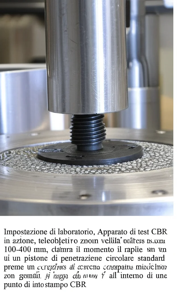 Impostazione di laboratorio, Apparato di test CBR in azione, teleobiettivo zoom 100-400 mm, velocità dell'otturatore rapido che cattura il momento in cui un pistone di penetrazione circolare standard preme in un campione di terreno compatto miscelato con granuli di pneumatici all'interno di uno stampo CBR. Concentrarsi sul punto di interazione.