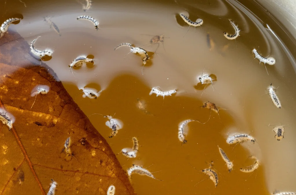 Lenti macro, 80 mm, dettagli elevati, messa a fuoco precisa, illuminazione controllata, che mostra una raccolta di larve di zanzare di diverse specie in un campione di acqua torbida prelevate da una gomma scartata in Galizia, con alcune foglie in decomposizione visibili, enfatizzando l'habitat del contenitore artificiale.