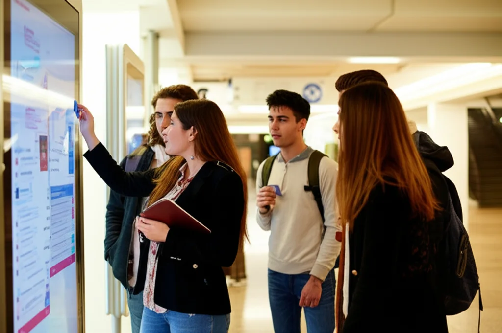 Un gruppo di studenti universitari interagisce con un display pubblico intelligente in un corridoio luminoso. Alcuni usano una carta RFID per accedere a informazioni personalizzate sui trasporti, altri osservano incuriositi. L'atmosfera è dinamica e moderna. Obiettivo prime, 35mm, profondità di campo per mettere a fuoco sia gli utenti che il display, luce naturale diffusa.