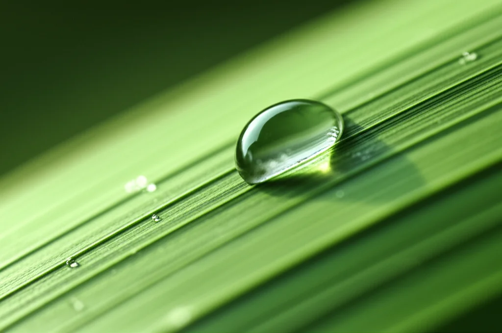 Fotografia macro di un delicato equilibrio tra una goccia d'acqua (simbolo della ritenzione idrica) su una foglia verde intenso (qualità dell'habitat) e sullo sfondo sfocato spighe di grano dorato (approvvigionamento alimentare). Obiettivo macro 90mm, illuminazione laterale controllata per esaltare la tridimensionalità e la texture degli elementi, simboleggiando l'interconnessione dei servizi ecosistemici. Alta definizione e messa a fuoco precisa sulla goccia.