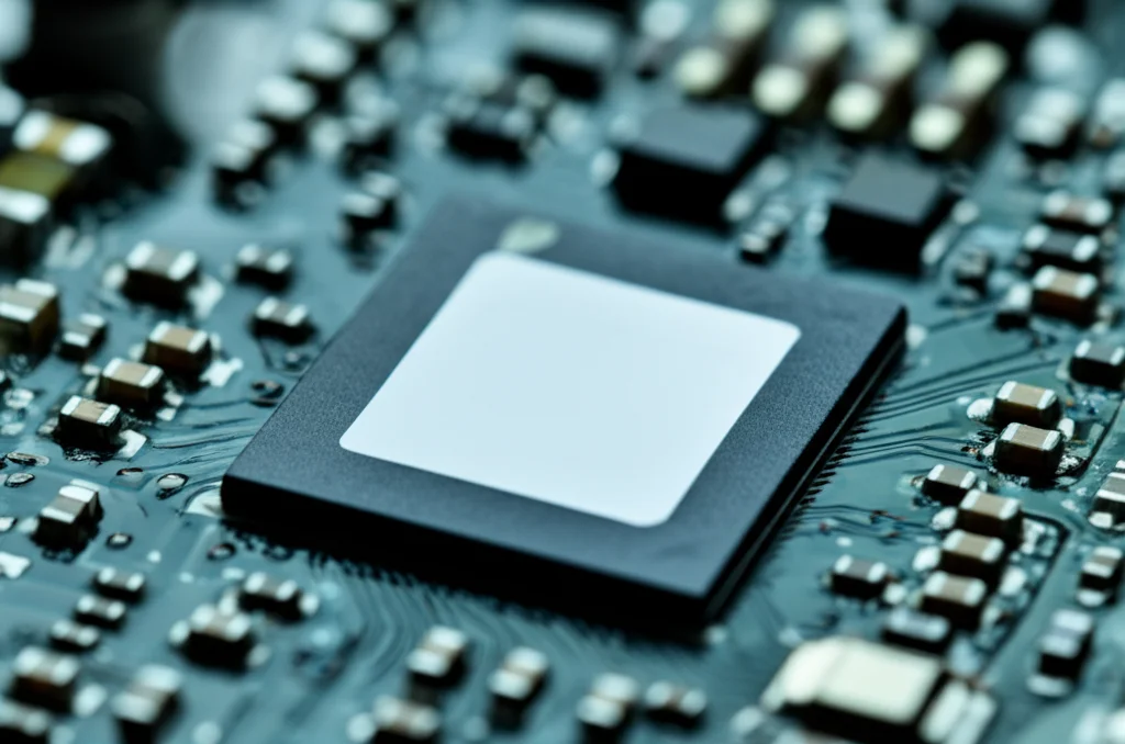 Fotografia di dettaglio di componenti elettronici su un banco di lavoro da laboratorio di ingegneria, obiettivo macro 100mm, alta definizione, messa a fuoco precisa su un microchip, illuminazione controllata da laboratorio, sfondo tecnico sfocato.