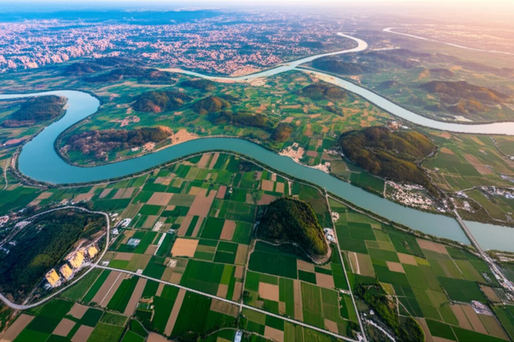 Veduta aerea, stile landscape con obiettivo grandangolare 18mm, che mostra un mosaico complesso di paesaggio nella YREB: appezzamenti agricoli geometrici (simbolo di approvvigionamento alimentare), aree forestali dense (sequestro carbonio, qualità habitat), e il Fiume Azzurro che serpeggia attraverso il territorio (ritenzione idrica, conservazione suolo), con aree urbane in espansione ai margini. Luce del primo mattino che crea un'atmosfera suggestiva e mette in risalto la diversità del paesaggio. Messa a fuoco nitida su tutto il campo per una visione d'insieme dettagliata.