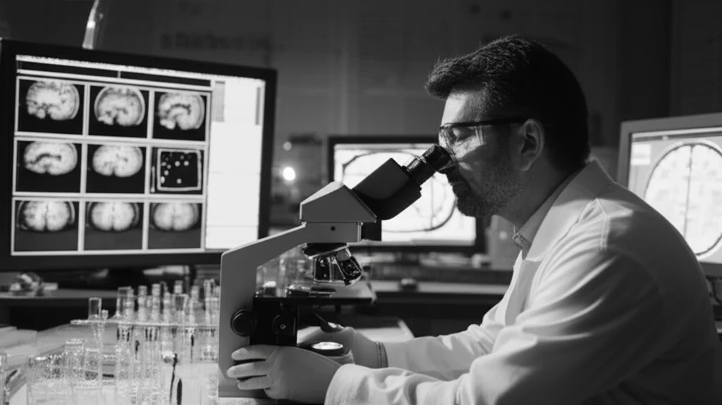 Fotografia di un ricercatore in laboratorio che osserva campioni cerebrali al microscopio, con schermi che mostrano dati di imaging e analisi molecolare, obiettivo prime 35mm, luce da laboratorio soffusa con punti luce sui campioni, bianco e nero film.