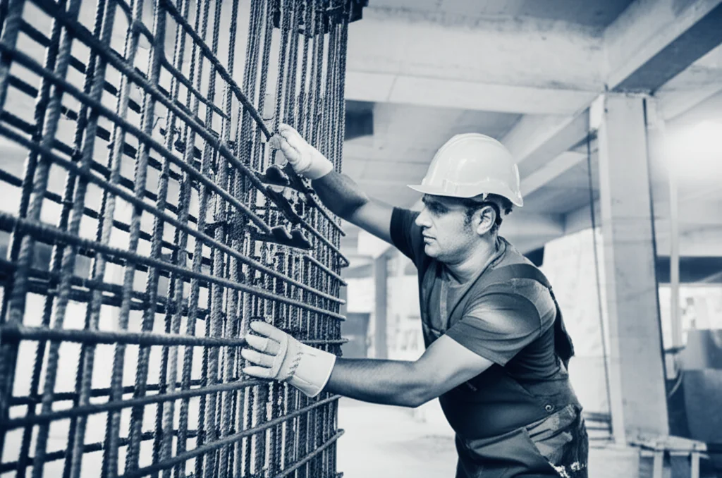 Un operaio edile specializzato, con elmetto e guanti, mentre assembla con facilità un componente di armatura prefabbricata per un blocco dentato all'interno di una trave a cassone in calcestruzzo. L'ambiente è un cantiere moderno e pulito. Obiettivo prime, 35mm, con una leggera profondità di campo per mettere a fuoco l'operaio e il componente, duotone seppia e blu per un look tecnico ma elegante.