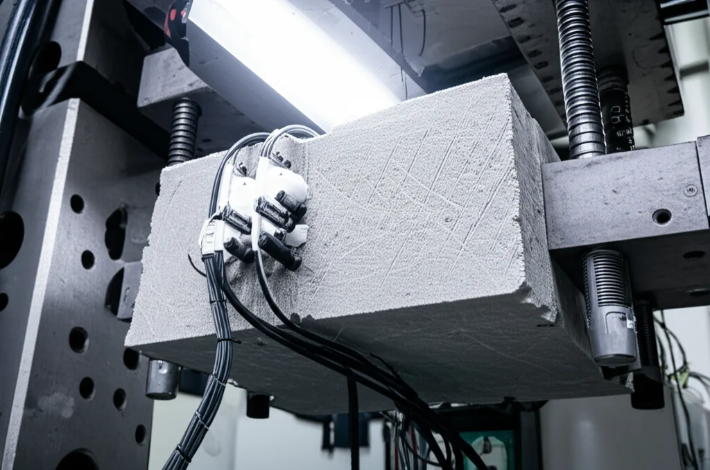Un blocco dentato in calcestruzzo armato, campione di prova, montato su una pressa idraulica in un laboratorio di ingegneria. Sensori e cavi sono visibili sul campione. Obiettivo macro, 80mm, alta definizione per mostrare le micro-fessurazioni indotte dal test, illuminazione controllata da studio per evidenziare i dettagli.