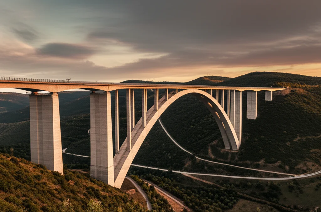 Vista grandangolare di un imponente viadotto autostradale moderno con travi a cassone in calcestruzzo, che si snoda attraverso un paesaggio collinare. La luce del tramonto crea lunghe ombre e riflessi. Obiettivo wide-angle, 18mm, lunga esposizione per rendere il cielo dinamico, focus nitido sull'intera struttura del ponte, evidenziando la sua solidità e design avanzato.