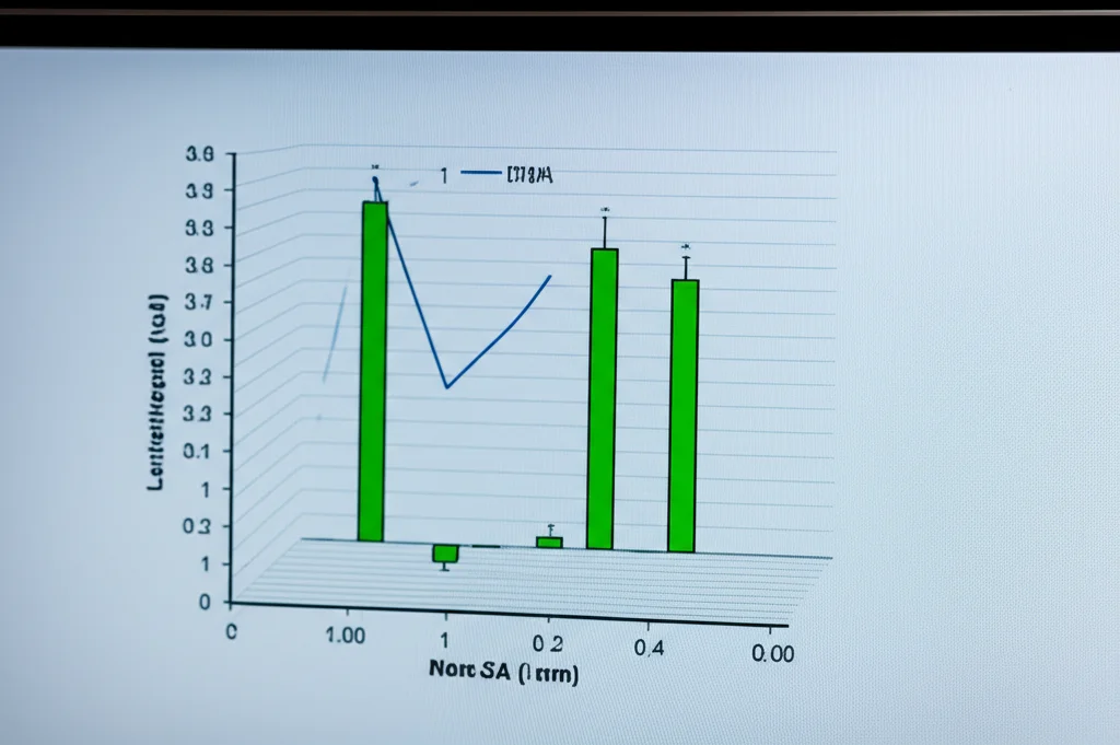 Grafico scientifico stilizzato ma fotorealistico che mostra livelli di metaboliti (come il citrato) che cambiano dopo il trattamento, presentato su uno schermo digitale con riflessi di luce controllati, obiettivo macro 70mm, alta definizione dei dati visualizzati.
