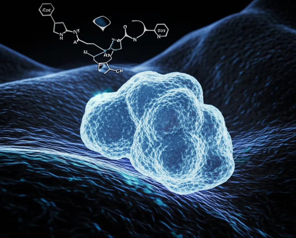 Visualizzazione fotorealistica di una cascata di segnali molecolari all'interno di una cellula microgliale, con proteine Akt e Gsk-3β fosforilate (brillanti) evidenziate, utilizzando una lente macro da 80mm per dettagli precisi. Sullo sfondo, il recettore Ccr2 sulla membrana cellulare è visibile mentre interagisce con la Gastrodina (molecola stilizzata). Illuminazione drammatica, film noir style con contrasti accentuati.