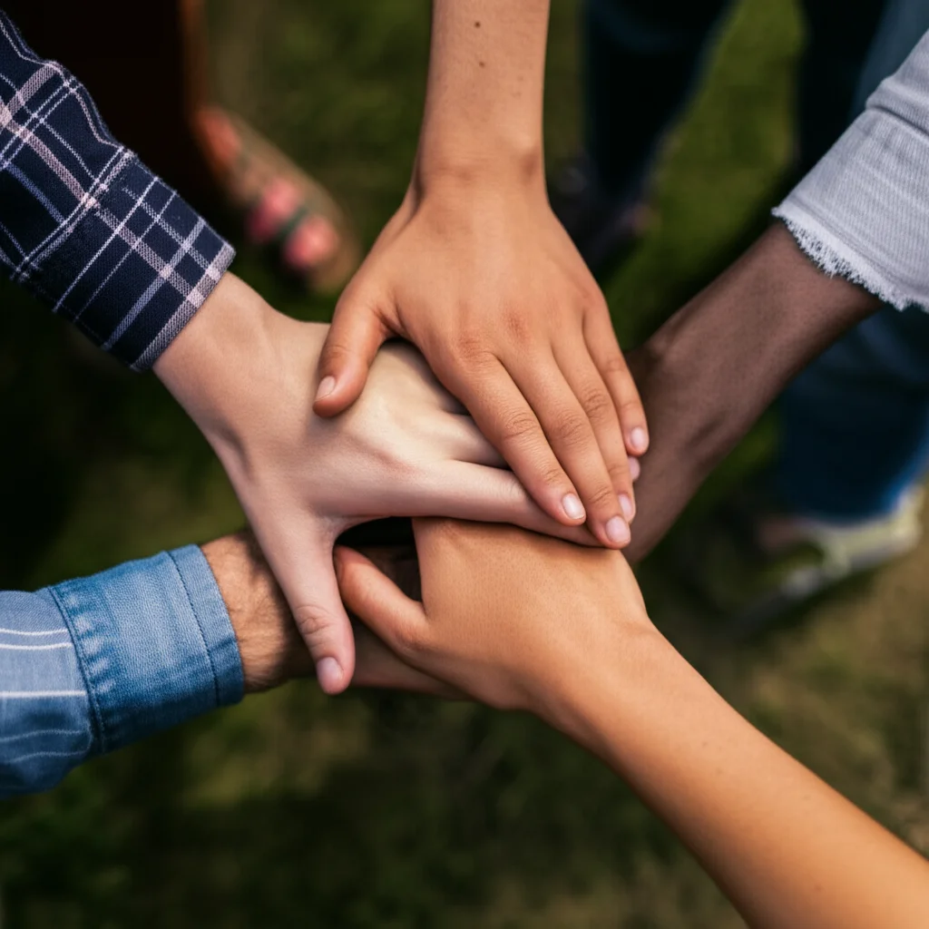 Primo piano di mani di diverse etnie che si stringono, simboleggiando la collaborazione globale e il supporto per affrontare le disuguaglianze sanitarie. Prime lens, 35mm, depth of field, luce calda e avvolgente.