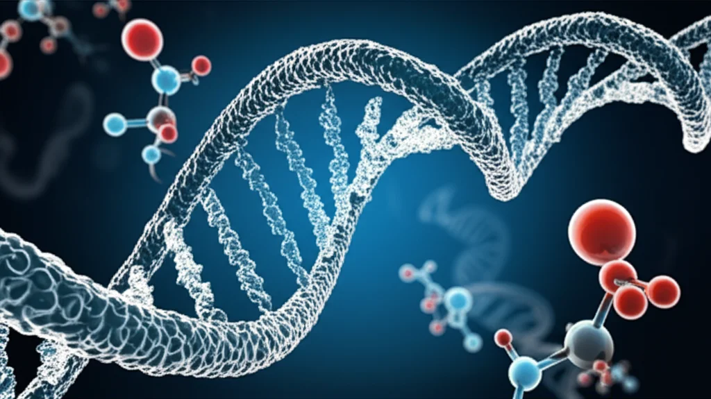 Una visualizzazione concettuale di doppie eliche di DNA che si intrecciano con grafici di dati astratti e molecole di farmaci stilizzate, illuminazione da studio controllata, lente macro 90mm, alta definizione, focus preciso su una sezione del DNA.