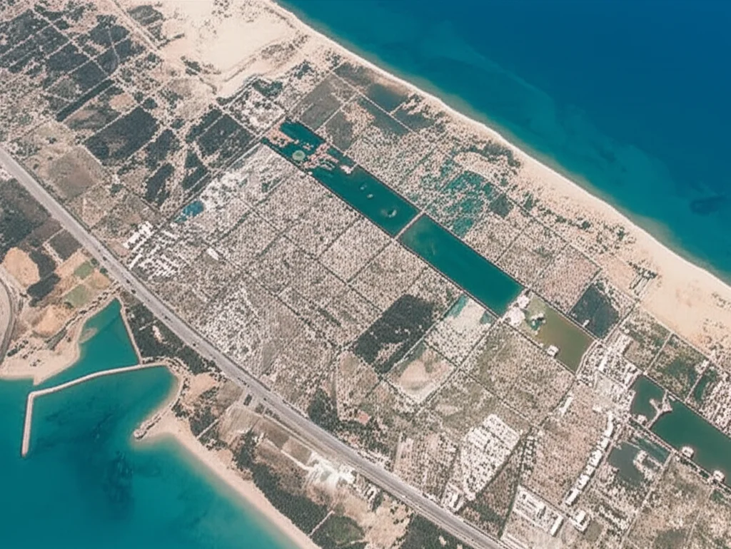 Immagine satellitare ad alta risoluzione di Derna che mostra l'estensione dell'inondazione. Wide-angle, 15mm, per una visione d'insieme, con aree inondate evidenziate, dettagli nitidi per l'analisi dei danni agli edifici e alle infrastrutture, colori naturali.