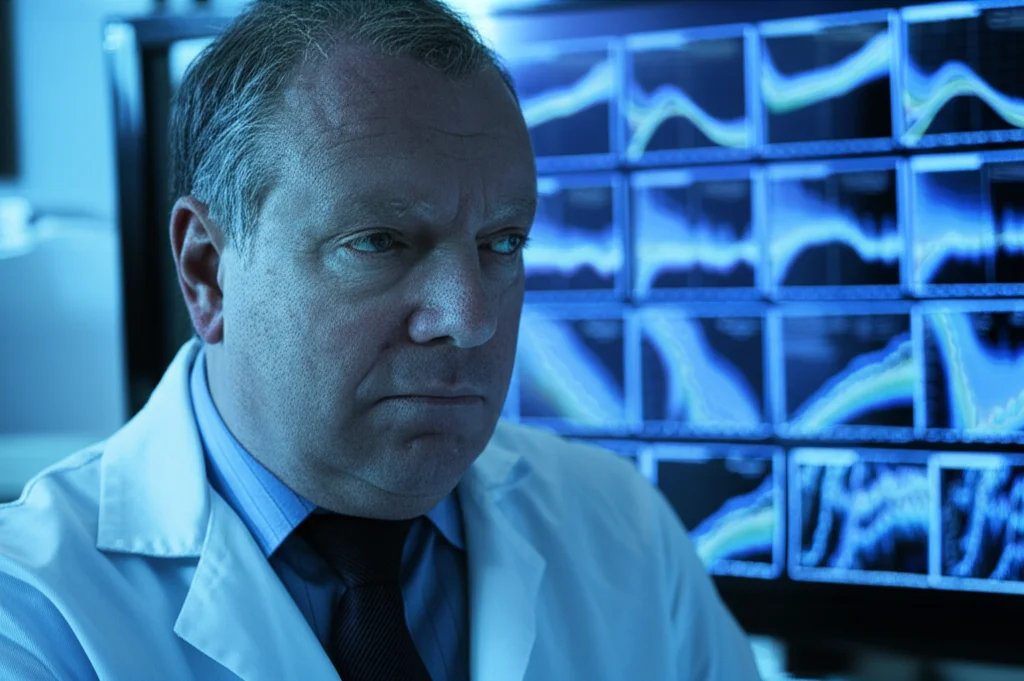 Un ricercatore scientifico, uomo di mezza età, concentrato davanti a un grande schermo che mostra complesse reti di dati genetici e curve di sopravvivenza di Kaplan-Meier, fotografia di ritratto 35mm, toni blu e grigi duotone, profondità di campo che sfoca lo sfondo.