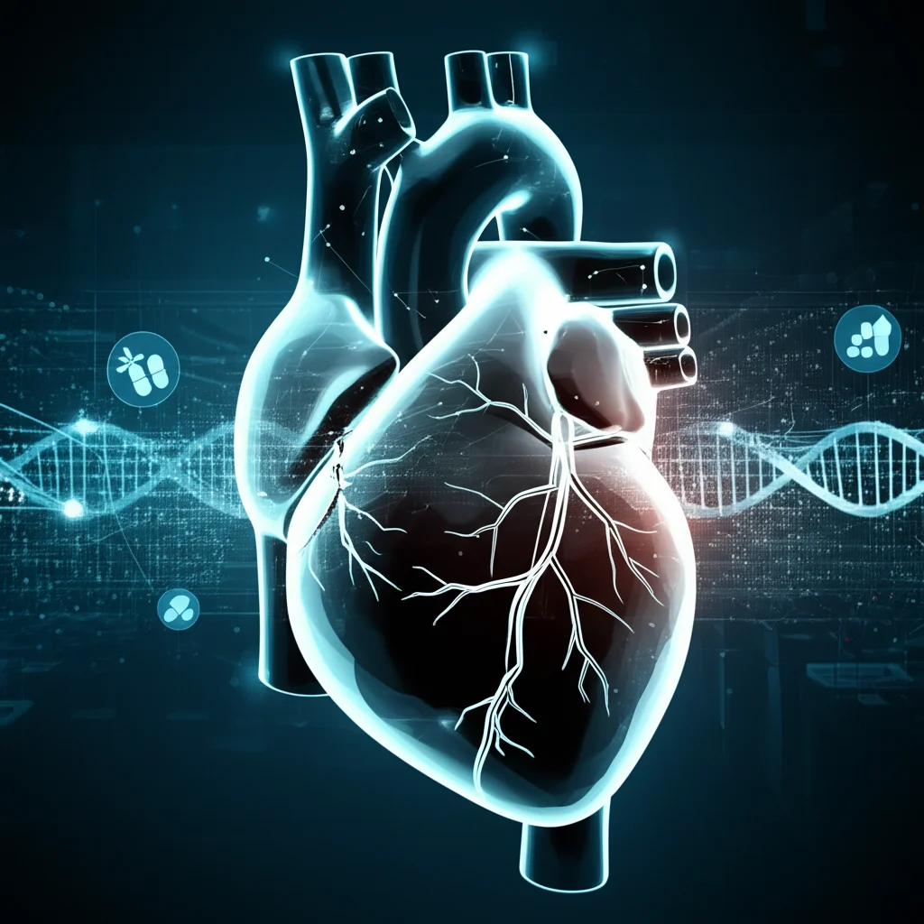 Un'immagine stilizzata di un cuore umano con sovrapposte linee di codice genetico e piccole icone rappresentanti farmaci, il tutto su uno sfondo tecnologico astratto, lente macro 70mm, illuminazione drammatica e controllata, alta definizione.