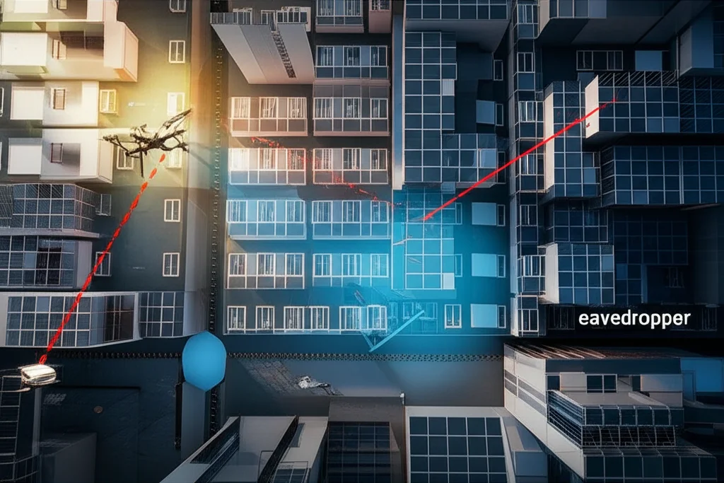 Visualizzazione 3D di un drone che segue una traiettoria ottimizzata dinamicamente sopra un paesaggio urbano stilizzato, con linee di connessione sicure verso un utente a terra e una linea tratteggiata rossa verso un punto 'eavesdropper'. Macro lens, 85mm, high detail, precise focusing, illuminazione controllata con enfasi sui percorsi luminosi.