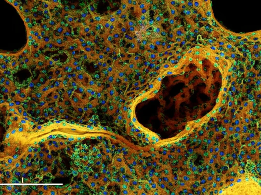 Microfotografia elettronica di un alveolo polmonare danneggiato dalla sepsi, con evidenza di cellule immunitarie infiltrate e edema. Lente macro 100mm, alta definizione, illuminazione controllata per evidenziare i dettagli ultrastrutturali del danno tissutale.