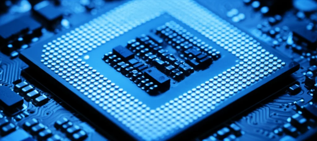 Fotografia macro di un chip di intelligenza artificiale illuminato da una luce blu soffusa su una scheda madre scura, obiettivo macro 100mm, messa a fuoco precisa sui dettagli dorati del chip, alta definizione, illuminazione controllata per evidenziare la complessità tecnologica, simbolo dell'analisi dei big data nel marketing.