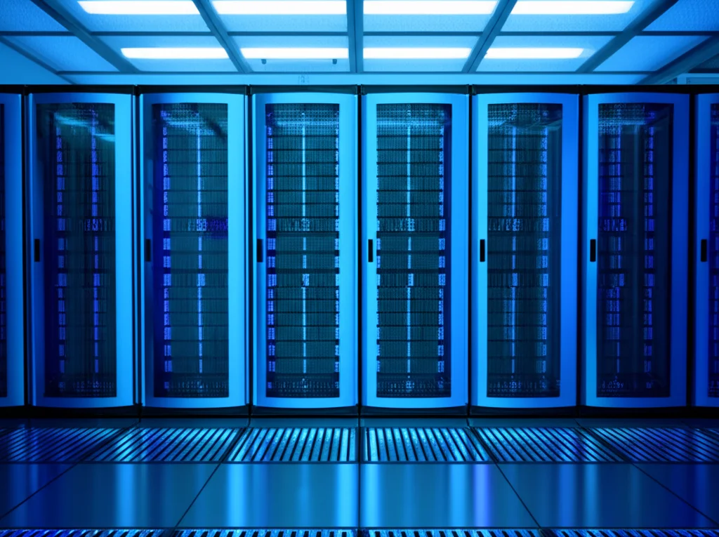 Scatto grandangolare di un moderno e luminoso data center con file di server rack illuminati da LED blu, pavimento riflettente, obiettivo grandangolare 10mm, lunga esposizione per creare scie luminose, messa a fuoco nitida su tutta la scena, che rappresenta l'infrastruttura tecnologica avanzata dietro l'e-commerce e l'analisi dei big data.