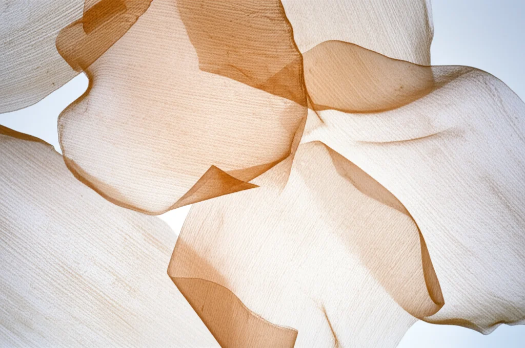 Macro fotografia di diverse pellicole edibili sottili e semitrasparenti, alcune con una leggera sfumatura rossastra (rosa canina) o giallina (oli), disposte su una superficie chiara e pulita. Illuminazione da studio controllata per evidenziare la texture e la lucentezza. Obiettivo macro 90mm, alta definizione, messa a fuoco selettiva sulla trama di una pellicola in primo piano.