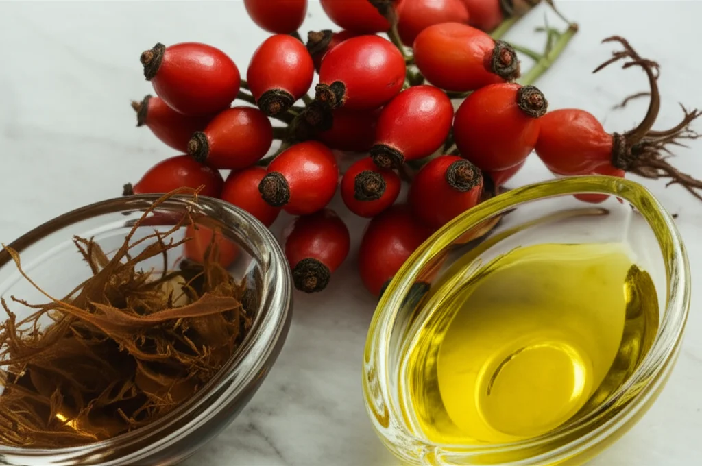 Fotografia still life di frutti di rosa canina rossi e brillanti accanto a piccole ciotole contenenti olio di sesamo dorato e olio di semi di anguria più chiaro, con alghe brune essiccate sullo sfondo. Illuminazione controllata, obiettivo macro 60mm, alta definizione per mostrare la texture degli ingredienti.