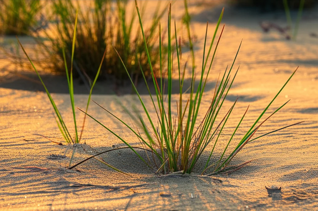Fotografia macro di una duna costiera embrionale a Castelporziano, con sabbia fine spazzata dal vento e piccole piante pioniere come lo sparto pungente (Sporobolus pungens) che emergono. Luce del mattino dorata, messa a fuoco precisa sulle texture della sabbia e delle giovani piante. Obiettivo macro 100mm, illuminazione controllata per evidenziare i dettagli minuti della flora dunale.