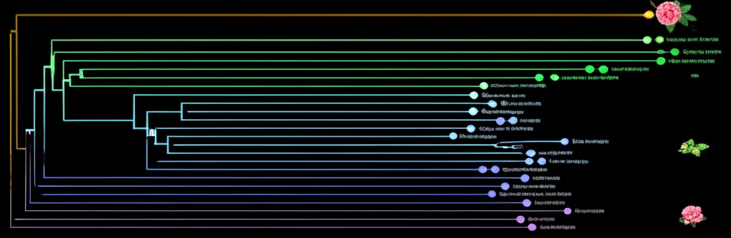 Un albero filogenetico stilizzato che mostra le relazioni evolutive tra diverse specie di piante, con la Sinojackia microcarpa evidenziata e posizionata vicino al genere Camellia. Linee di connessione luminose su sfondo scuro, dettagli nitidi dei nomi delle specie, obiettivo grandangolare 24mm per una visione d'insieme, stile infografica scientifica fotorealistica.