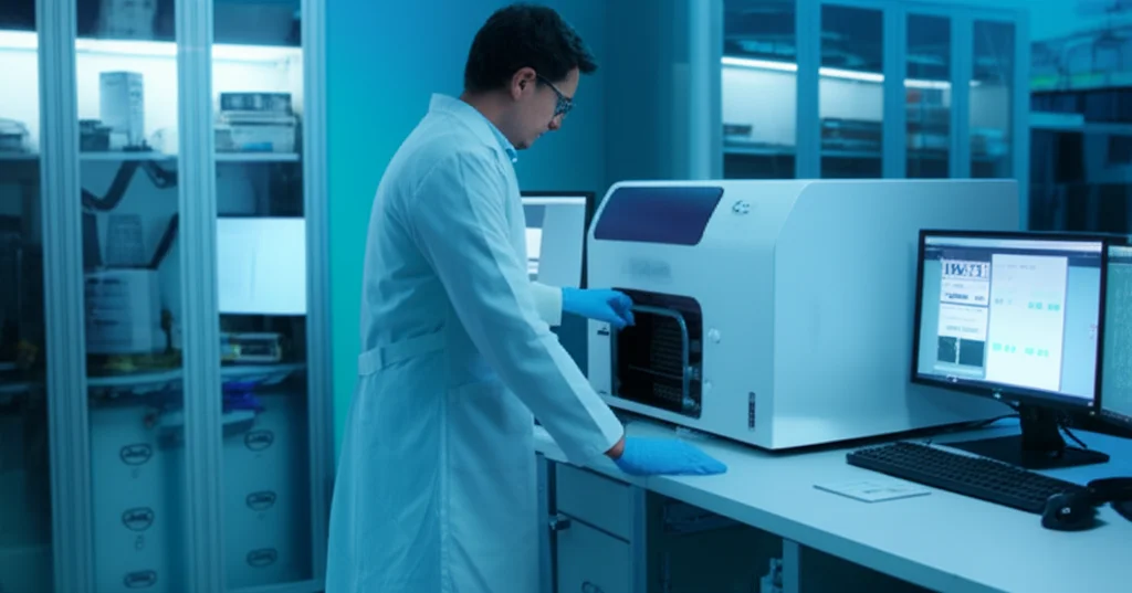 Interno di un laboratorio di genomica high-tech, scienziato in camice bianco che osserva un sequenziatore di DNA PacBio Sequel II, luci soffuse blu e bianche, schermi con grafici di dati genetici, obiettivo da 35mm, profondità di campo per mettere a fuoco lo scienziato e il macchinario.