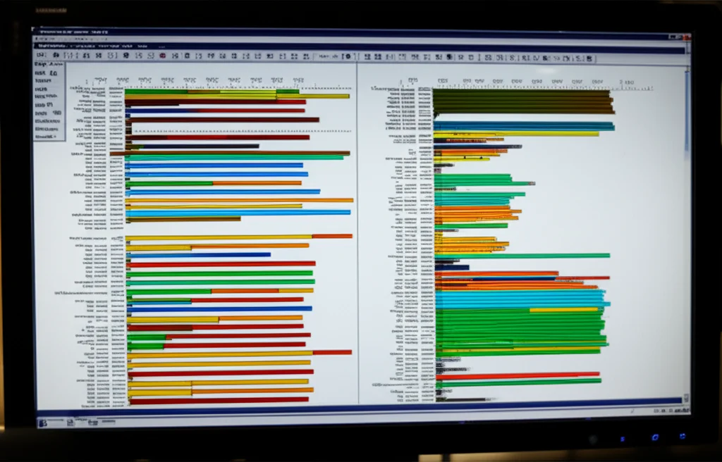 Visualizzazione grafica di cromosomi di lepidotteri su uno schermo di computer, con blocchi di sintenia colorati che collegano cromosomi di specie diverse, stile infografica scientifica, alta definizione, illuminazione da ufficio, obiettivo macro da 60mm per catturare i dettagli dello schermo.