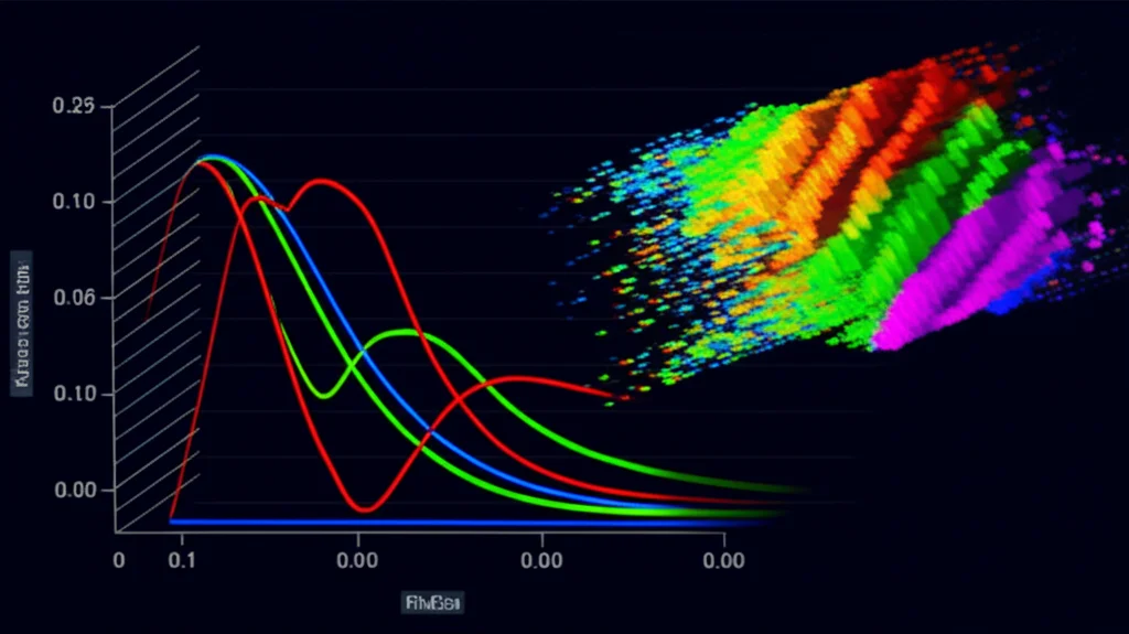 Visualizzazione astratta di dati scientifici: grafici colorati RGB che mostrano curve di isteresi e picchi di varianza/RMSE su sfondo digitale scuro. Sovrapposta, un'immagine stilizzata di pixel colorati che si trasformano. Alta definizione, concetto di analisi dati colorimetrici.