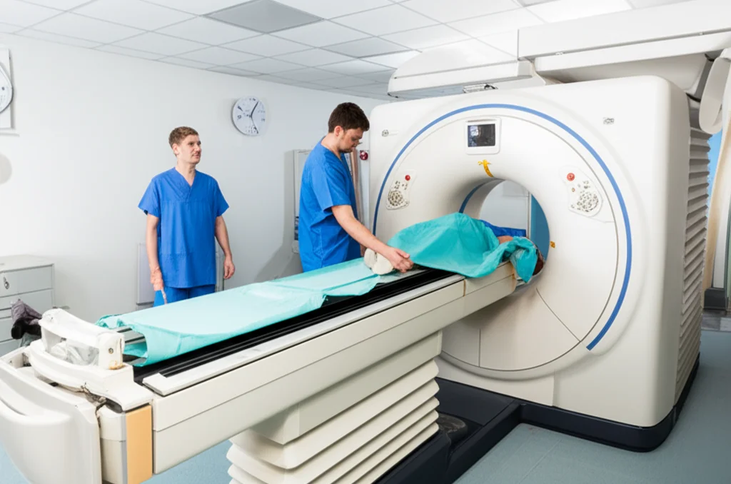 Immagine fotorealistica di un moderno scanner TC dual-energy in una sala radiologica ospedaliera, illuminazione controllata, obiettivo grandangolare da 24mm per mostrare l'ambiente, focus nitido sulla macchina e un tecnico che prepara un paziente per la scansione.