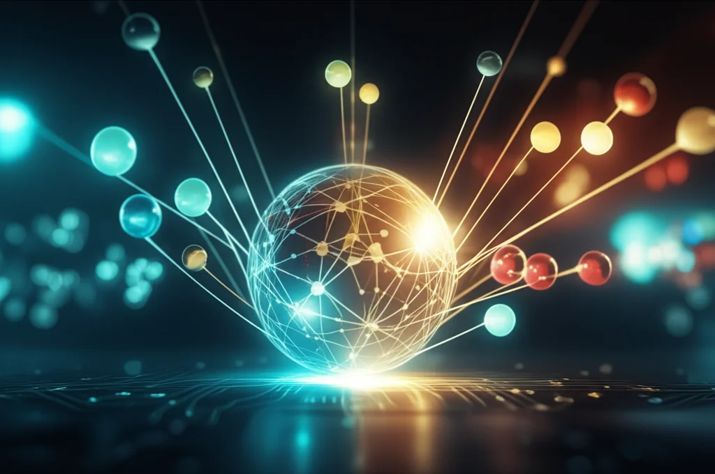 Visualizzazione astratta e fotorealistica del processo decisionale multi-criterio (MCDM). Sfere luminose di diversi colori, rappresentanti i criteri di valutazione, sono interconnesse da linee di luce, convergendo verso una sfera centrale più grande e brillante che simboleggia la scelta ottimale del farmaco per la PCOS. Sfondo scuro con texture high-tech. Lente prime, 50mm, profondità di campo, effetto bokeh.