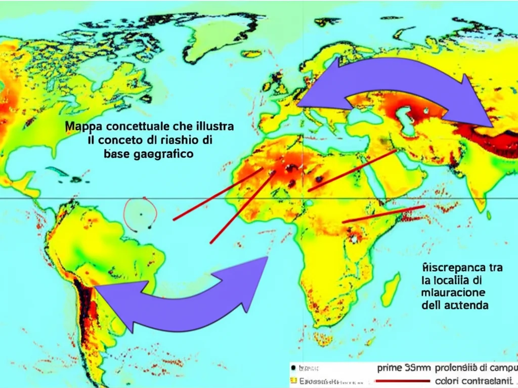 Mappa concettuale che illustra il concetto di rischio di base geografico, con diverse aree climatiche evidenziate e frecce che indicano la discrepanza tra la località di misurazione e l'area di interesse dell'azienda. Obiettivo prime 35mm, profondità di campo, colori contrastanti per evidenziare le zone.