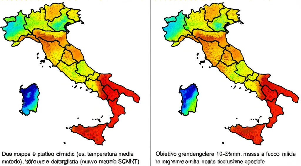 Due mappe termiche affiancate dell'Italia che mostrano un parametro climatico (es. temperatura media). Una mappa è pixelata (vecchio metodo), l'altra è liscia e dettagliata (nuovo metodo SCNNT). Obiettivo grandangolare 10-24mm, messa a fuoco nitida, per evidenziare il miglioramento nella risoluzione spaziale.