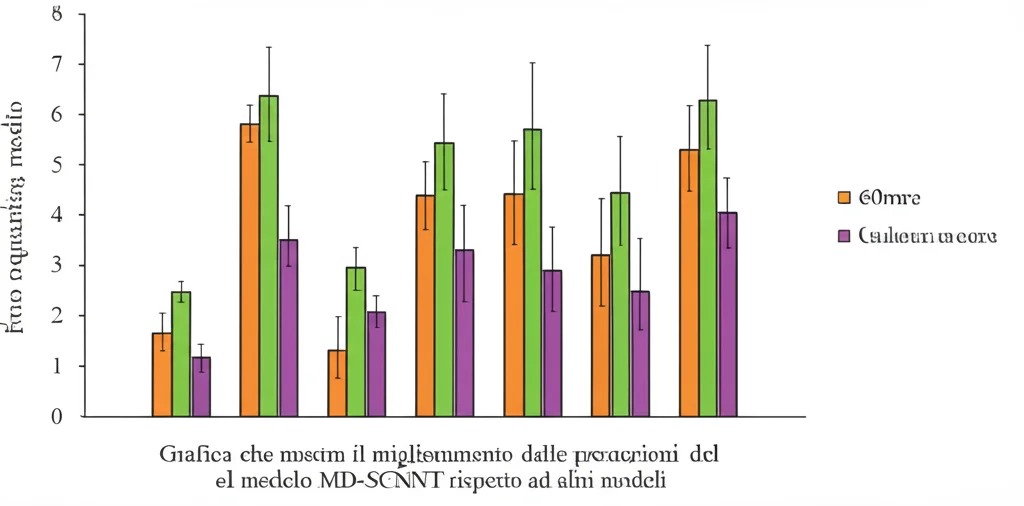 Grafico che mostra il miglioramento delle prestazioni di previsione del modello MD-SCNNT rispetto ad altri modelli, con barre che indicano l'errore quadratico medio. Sfondo tecnologico astratto. Obiettivo macro 60mm, alta definizione, illuminazione controllata per enfatizzare i dati.