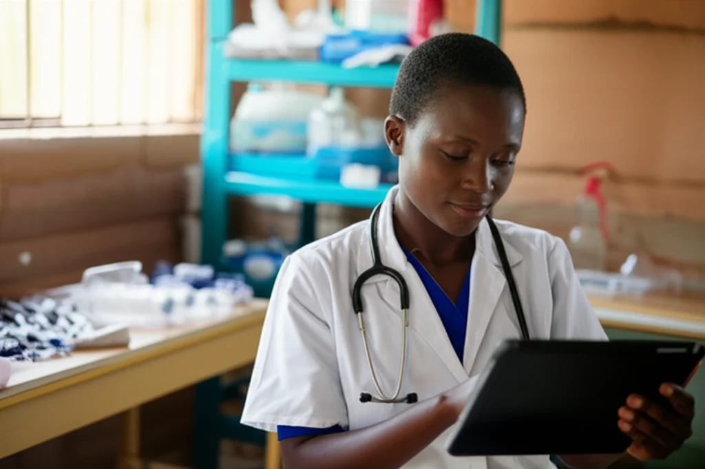 Fotografia realistica di un operatore sanitario in un centro medico rurale in Ruanda, concentrato sull'inserimento dati in un tablet o computer portatile, rappresentando il sistema eIDSR. Obiettivo prime 35mm, luce naturale soffusa che entra da una finestra, profondità di campo che sfoca leggermente lo sfondo mostrando attrezzature mediche semplici.