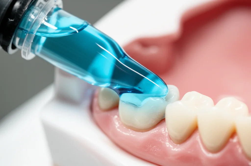 Primo piano macro di una goccia di gel blu di metilene viscoso di colore blu intenso che viene depositata con precisione su un modello dentale bianco, illuminazione da studio controllata per evidenziare la texture lucida del gel, obiettivo macro 100mm, alta definizione dei dettagli della superficie del dente e della consistenza del gel.