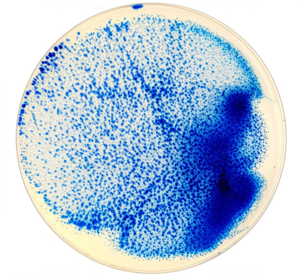 Fotografia di un biofilm di Candida albicans su una piastra di Petri, visualizzato al microscopio. Alcune aree del biofilm sono trattate con gocce di blu di metilene viscoso, distinguibili per il loro colore blu intenso. Obiettivo macro 60mm, illuminazione laterale per evidenziare la struttura tridimensionale del biofilm e l'interazione con il gel, alta definizione dei dettagli cellulari e della matrice extracellulare.