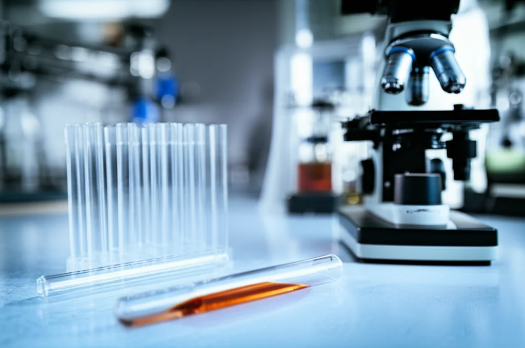 Fotografia macro di una provetta per la raccolta di liquido cerebrospinale (CSF) appoggiata su un bancone di laboratorio accanto a un microscopio. Obiettivo macro 90mm, alta definizione, illuminazione da laboratorio controllata, focus preciso sulla provetta quasi vuota, simboleggiando la bassa percentuale di campioni raccolti per l'analisi.