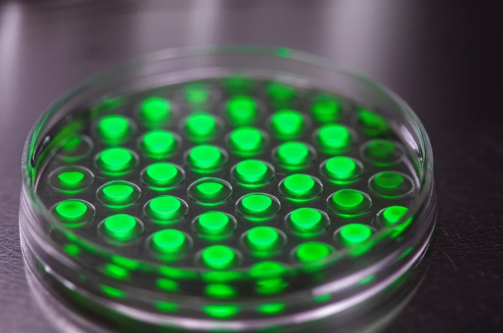 Piastra multi-pozzetto da laboratorio illuminata da luce UV, alcuni pozzetti mostrano una forte fluorescenza verde indicando un test aptaswitch positivo, macro lens, 100mm, high detail, precise focusing, sfondo sfocato di attrezzatura da laboratorio.