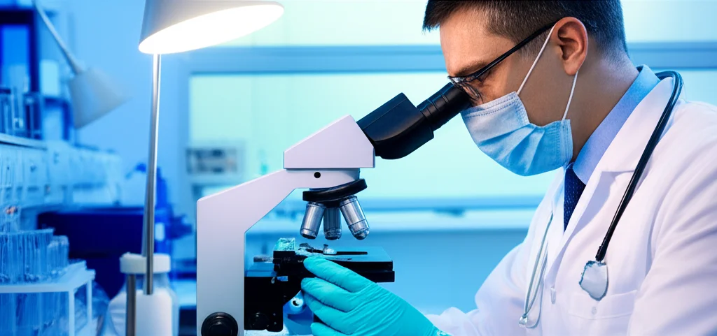 Un medico in un laboratorio di ematologia osserva al microscopio campioni di cellule linfocitarie, con attrezzature scientifiche moderne sullo sfondo. Luce controllata, lente macro 80mm, alta definizione per i dettagli cellulari.