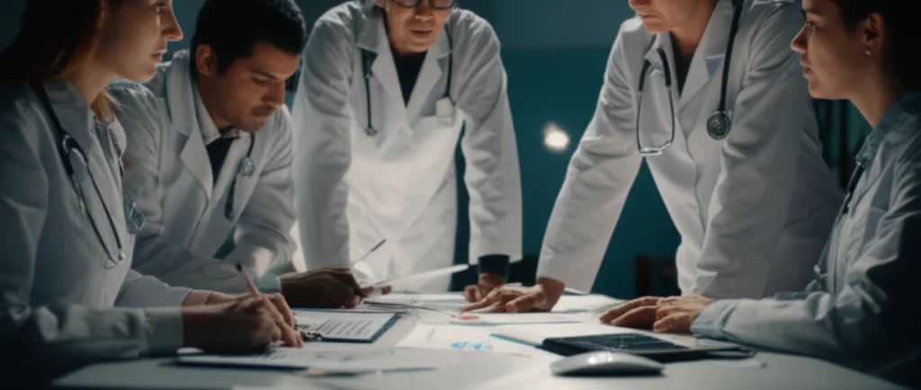 Un team di ricercatori medici discute animatamente attorno a un tavolo luminoso con grafici e dati di uno studio clinico. Ambiente di un moderno centro di ricerca, prime lens 35mm, profondità di campo per mettere a fuoco il team.
