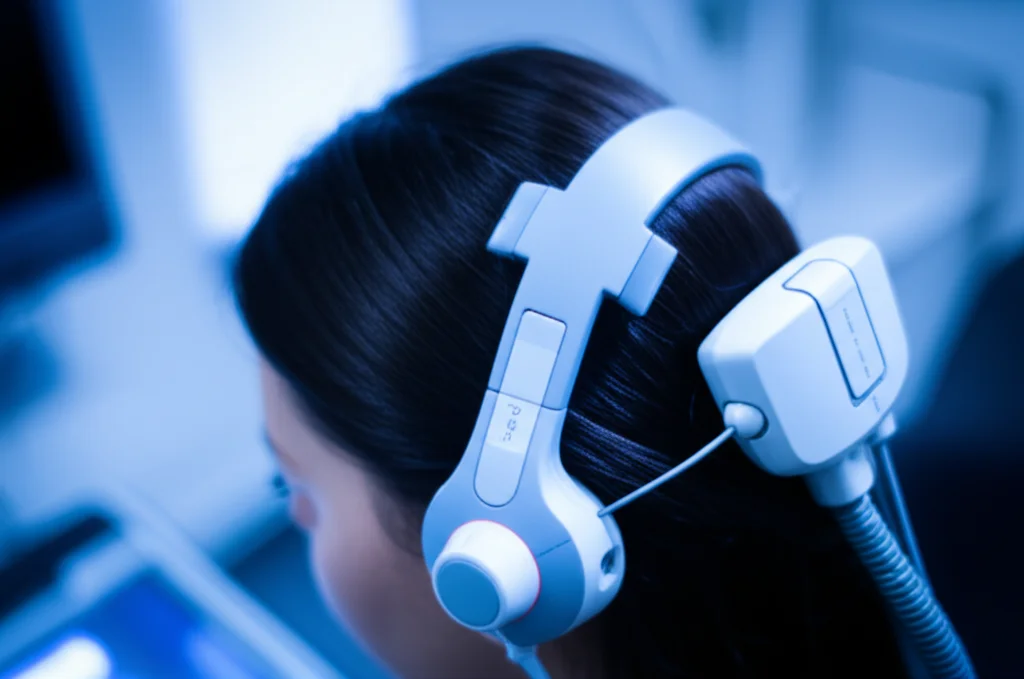 Primo piano di un dispositivo rTMS posizionato delicatamente vicino alla tempia di una persona, con un'illuminazione soffusa che evidenzia la tecnologia, lente prime da 35mm, profondità di campo, tonalità blu e grigio.