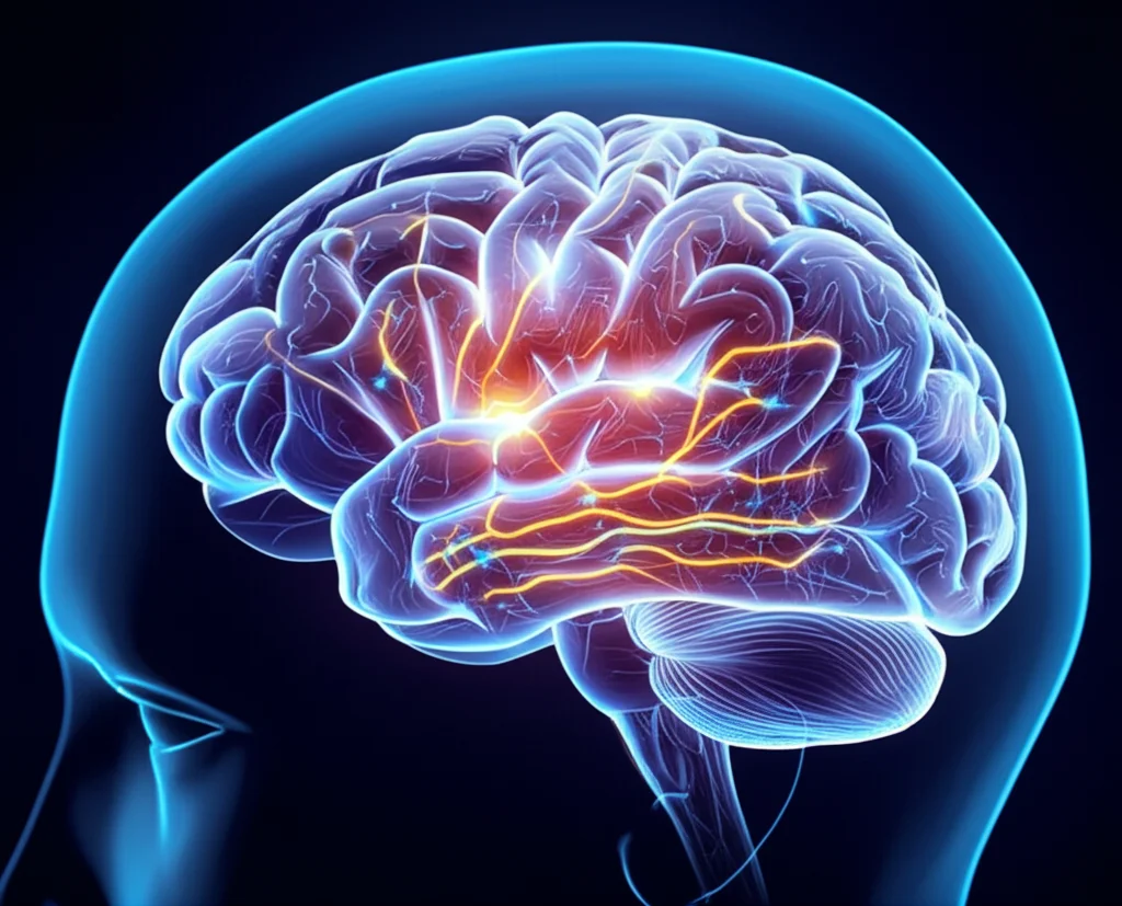 Visualizzazione artistica ma realistica di neuroni che si attivano e formano connessioni luminose all'interno di una sagoma cerebrale, macro lens 100mm, alta definizione, illuminazione controllata per evidenziare i percorsi neurali.