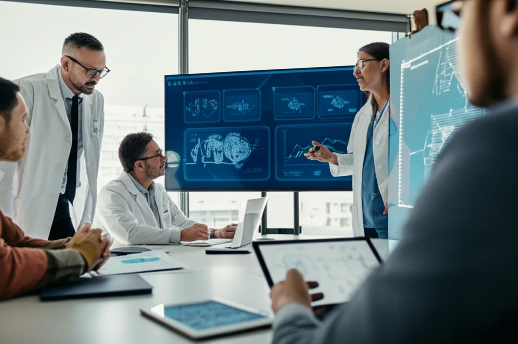 Immagine di un team di ricercatori oncologi in una sala riunioni moderna, che discutono animatamente davanti a schermi con dati e grafici di uno studio clinico. Prime lens, 35mm, depth of field, luce naturale da una finestra laterale, atmosfera collaborativa e concentrata.