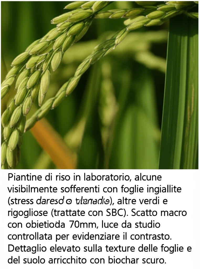 Piantine di riso in laboratorio, alcune visibilmente sofferenti con foglie ingiallite (stress da vanadio), altre verdi e rigogliose (trattate con SBC). Scatto macro con obiettivo da 70mm, luce da studio controllata per evidenziare il contrasto. Dettaglio elevato sulla texture delle foglie e del suolo arricchito con biochar scuro.
