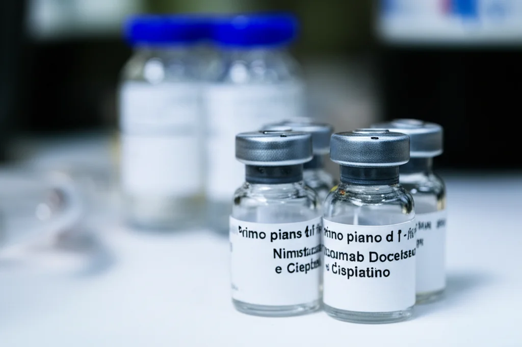 Primo piano di fiale di Nimotuzumab, Docetaxel e Cisplatino disposte su un tavolo sterile in un ambiente di laboratorio farmaceutico. Macro lens, 100mm, high detail, precise focusing, controlled lighting, sfondo leggermente sfocato per enfatizzare i farmaci.