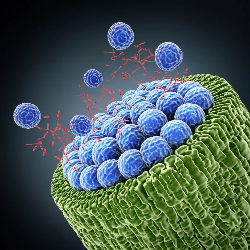 Visualizzazione concettuale astratta di enzimi antiossidanti (sfere colorate) che neutralizzano radicali liberi (particelle frastagliate) attorno a una cellula vegetale stilizzata. Colori vivaci per i radicali, tonalità protettive per gli enzimi. Macro fotografia concettuale, obiettivo 100mm, illuminazione drammatica per enfatizzare l'azione protettiva e il dinamismo cellulare.
