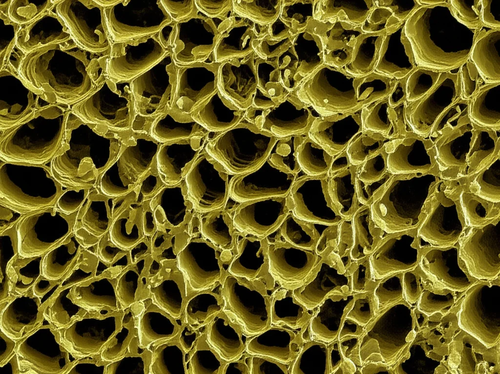 Microfotografia elettronica a scansione (SEM) stilizzata e resa fotorealistica del biochar modificato con zolfo. L'immagine mostra una struttura altamente porosa, tridimensionale, con piccole particelle di zolfo (magari evidenziate con un colore leggermente diverso o una texture differente) incastonate sulla superficie e all'interno dei pori. Illuminazione laterale per accentuare la profondità e la complessità della microstruttura. Obiettivo macro specializzato per dettagli ultra-fini.