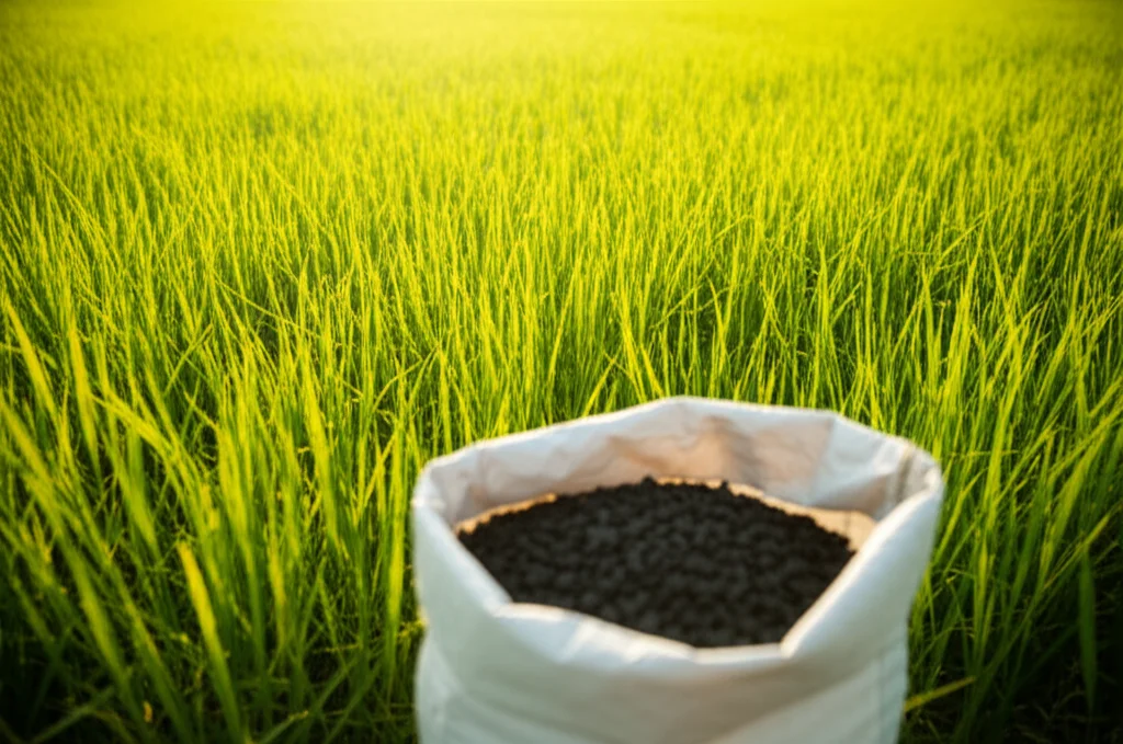 Campo di riso verde e rigoglioso sotto un cielo azzurro e soleggiato. In primo piano, leggermente sfocato, un sacco aperto di biochar scuro. Obiettivo grandangolare da 24mm, luce naturale dorata del tardo pomeriggio, per trasmettere un senso di abbondanza, salute delle colture e pratiche agricole sostenibili e innovative.